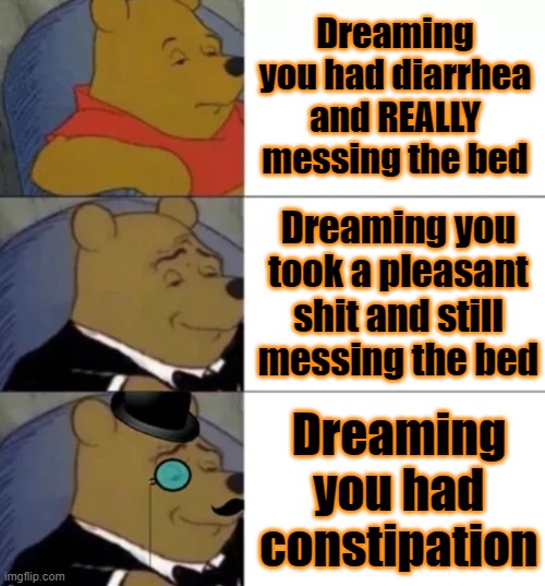 The final panel has a KERNAL of truth |  Dreaming you had diarrhea and REALLY messing the bed; Dreaming you took a pleasant shit and still messing the bed; Dreaming you had constipation | image tagged in fancy pooh,memes,shit,poop,dream,constipation | made w/ Imgflip meme maker
