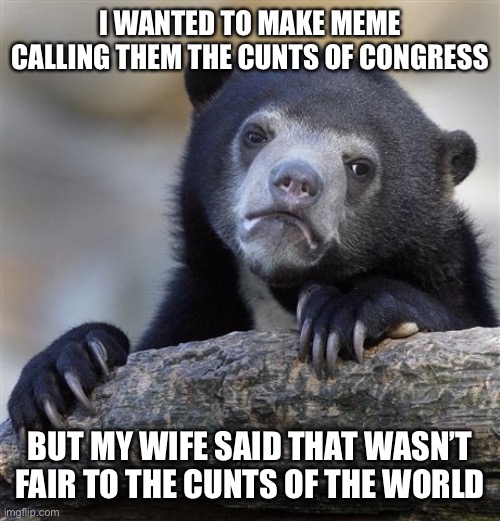 Confession Bear Meme | I WANTED TO MAKE MEME CALLING THEM THE CUNTS OF CONGRESS BUT MY WIFE SAID THAT WASN’T FAIR TO THE CUNTS OF THE WORLD | image tagged in memes,confession bear | made w/ Imgflip meme maker