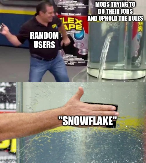 like, sometimes a person is a snowflake, but you can't call a person a snowflake for doing their job | MODS TRYING TO DO THEIR JOBS AND UPHOLD THE RULES; RANDOM USERS; "SNOWFLAKE" | image tagged in flex tape | made w/ Imgflip meme maker