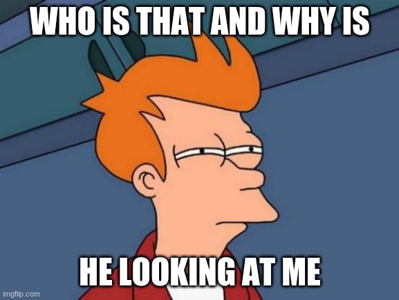 who is this | WHO IS THAT AND WHY IS; HE LOOKING AT ME | image tagged in memes,futurama fry | made w/ Imgflip meme maker