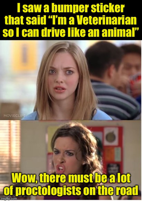 If careers dictate how people drive |  I saw a bumper sticker that said “I’m a Veterinarian so I can drive like an animal”; Wow, there must be a lot of proctologists on the road | image tagged in mean girls why are you white,bad driver | made w/ Imgflip meme maker