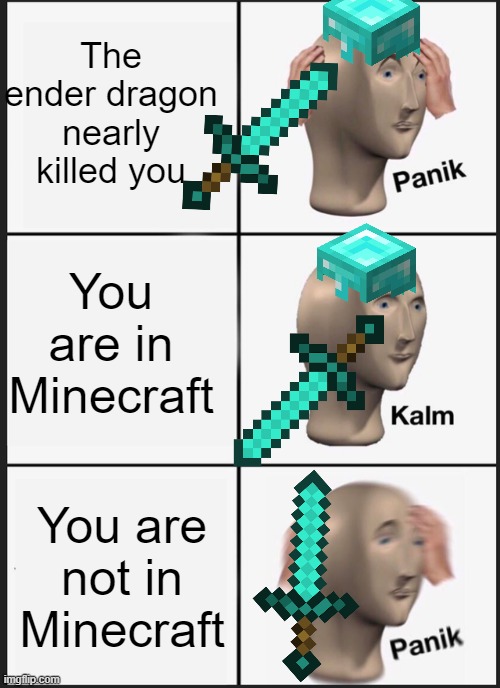 POV: you are in the end | The ender dragon nearly killed you; You are in Minecraft; You are not in Minecraft | image tagged in memes,panik kalm panik,minecraft memes | made w/ Imgflip meme maker