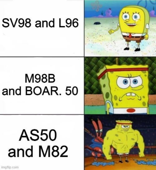 Zombie Uprising weapons be like | SV98 and L96; M98B and BOAR. 50; AS50 and M82 | image tagged in strong spongebob | made w/ Imgflip meme maker