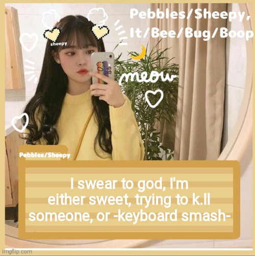 I swear to god, I'm either sweet, trying to k.ll someone, or -keyboard smash- | image tagged in pebble/sheepy | made w/ Imgflip meme maker