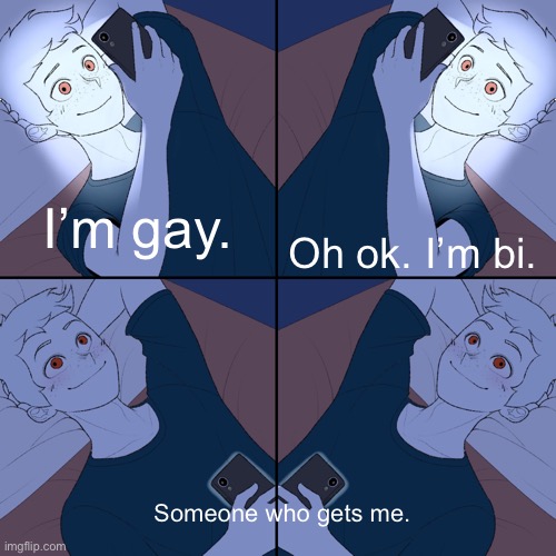 2 guys texting each other | Oh ok. I’m bi. I’m gay. Someone who gets me. | image tagged in 2 guys texting each other,gay pride,text,gay | made w/ Imgflip meme maker