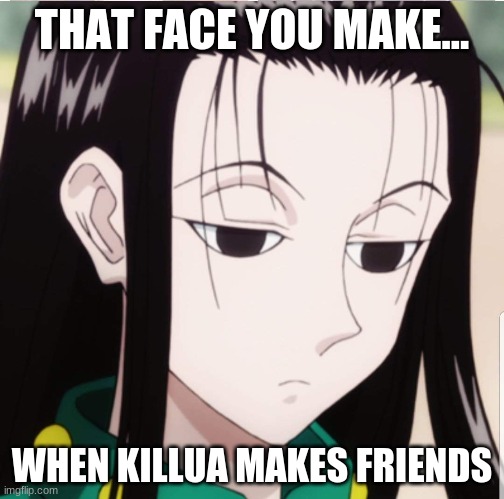 illumi meme | THAT FACE YOU MAKE... WHEN KILLUA MAKES FRIENDS | image tagged in anime meme | made w/ Imgflip meme maker