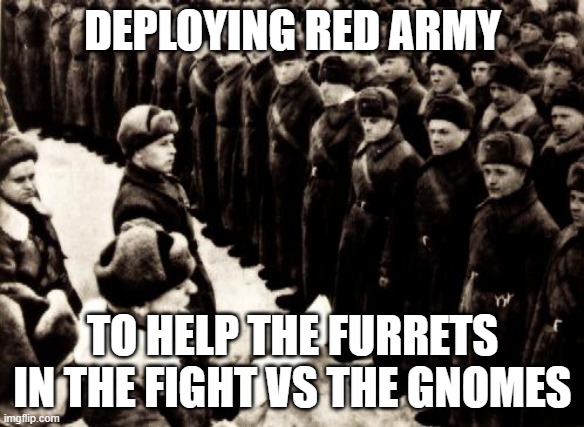 Here it comes | DEPLOYING RED ARMY; TO HELP THE FURRETS IN THE FIGHT VS THE GNOMES | image tagged in red army | made w/ Imgflip meme maker