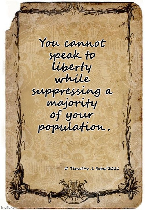 Liberty | You cannot 
speak to 
liberty 
while 
suppressing a 
majority 
of your 
population. © Timothy J. Sabo/2021 | made w/ Imgflip meme maker