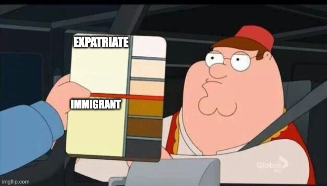 Peter Griffin skin color chart race terrorist blank | EXPATRIATE; IMMIGRANT | image tagged in peter griffin skin color chart race terrorist blank | made w/ Imgflip meme maker