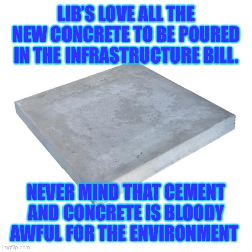 Bad Pun Concrete Slab Week | LIB’S LOVE ALL THE NEW CONCRETE TO BE POURED IN THE INFRASTRUCTURE BILL. NEVER MIND THAT CEMENT AND CONCRETE IS BLOODY AWFUL FOR THE ENVIRONMENT | image tagged in bad pun concrete slab week | made w/ Imgflip meme maker