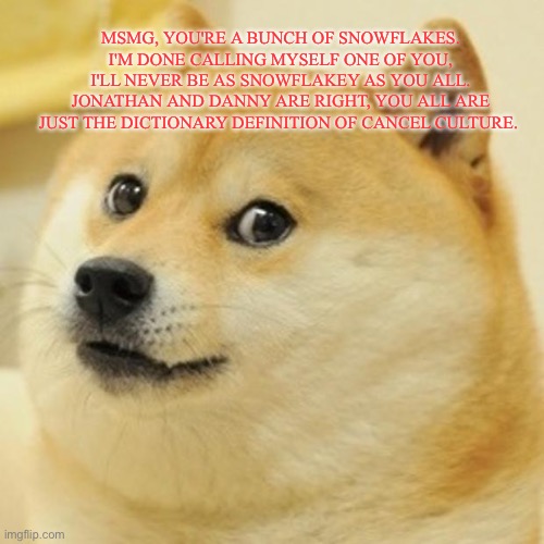 Rage copypasta | MSMG, YOU'RE A BUNCH OF SNOWFLAKES. I'M DONE CALLING MYSELF ONE OF YOU, I'LL NEVER BE AS SNOWFLAKEY AS YOU ALL. JONATHAN AND DANNY ARE RIGHT, YOU ALL ARE JUST THE DICTIONARY DEFINITION OF CANCEL CULTURE. | image tagged in memes,doge | made w/ Imgflip meme maker