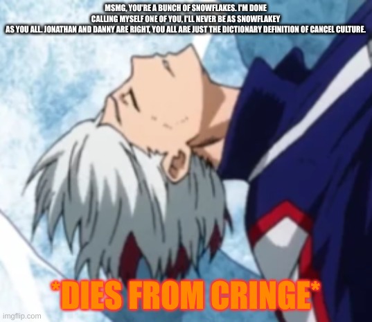 this... cures my boredom |  MSMG, YOU'RE A BUNCH OF SNOWFLAKES. I'M DONE CALLING MYSELF ONE OF YOU, I'LL NEVER BE AS SNOWFLAKEY AS YOU ALL. JONATHAN AND DANNY ARE RIGHT, YOU ALL ARE JUST THE DICTIONARY DEFINITION OF CANCEL CULTURE. | image tagged in todoroki dies from cringe | made w/ Imgflip meme maker