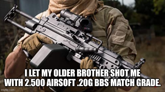 no title | I LET MY OLDER BROTHER SHOT ME WITH 2.500 AIRSOFT .20G BBS MATCH GRADE. | image tagged in no title | made w/ Imgflip meme maker