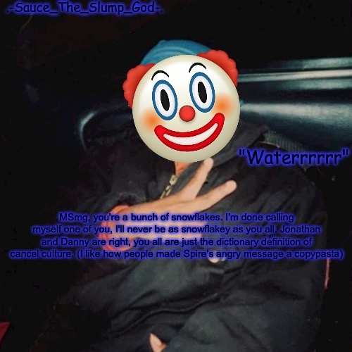E | MSmg, you're a bunch of snowflakes. I'm done calling myself one of you, I'll never be as snowflakey as you all. Jonathan and Danny are right, you all are just the dictionary definition of cancel culture. (I like how people made Spire’s angry message a copypasta) | image tagged in e | made w/ Imgflip meme maker
