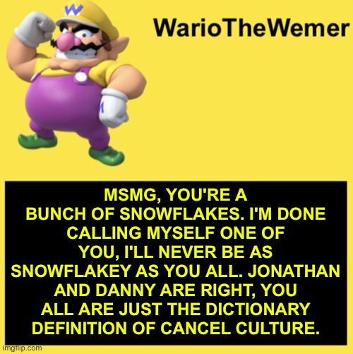 HITLER WAS OK | MSMG, YOU'RE A BUNCH OF SNOWFLAKES. I'M DONE CALLING MYSELF ONE OF YOU, I'LL NEVER BE AS SNOWFLAKEY AS YOU ALL. JONATHAN AND DANNY ARE RIGHT, YOU ALL ARE JUST THE DICTIONARY DEFINITION OF CANCEL CULTURE. | image tagged in wariothewemer | made w/ Imgflip meme maker