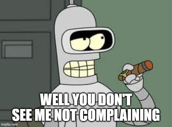 Bender | WELL YOU DON'T SEE ME NOT COMPLAINING | image tagged in bender | made w/ Imgflip meme maker