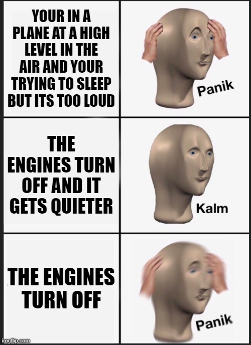 I think he is dead | YOUR IN A PLANE AT A HIGH LEVEL IN THE AIR AND YOUR TRYING TO SLEEP BUT ITS TOO LOUD; THE ENGINES TURN OFF AND IT GETS QUIETER; THE ENGINES TURN OFF | image tagged in memes,panik kalm panik | made w/ Imgflip meme maker