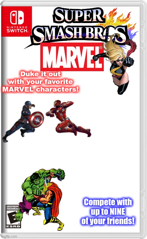 Nintendo Box | Duke it out with your favorite MARVEL characters! Compete with up to NINE of your friends! | image tagged in nintendo box,marvel,nintendo switch | made w/ Imgflip meme maker