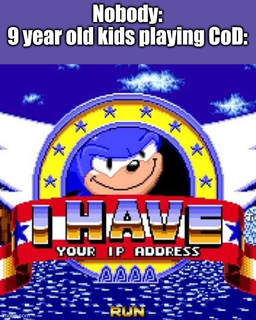 I have your IP Address | Nobody:
9 year old kids playing CoD: | image tagged in sonic the hedgehog,call of duty | made w/ Imgflip meme maker