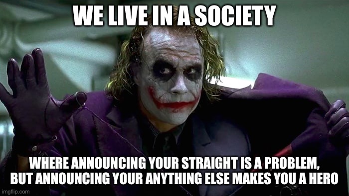 We live in a society | WE LIVE IN A SOCIETY; WHERE ANNOUNCING YOUR STRAIGHT IS A PROBLEM, BUT ANNOUNCING YOUR ANYTHING ELSE MAKES YOU A HERO | image tagged in we live in a society | made w/ Imgflip meme maker