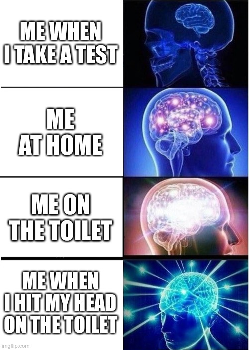 Expanding Brain | ME WHEN I TAKE A TEST; ME AT HOME; ME ON THE TOILET; ME WHEN I HIT MY HEAD ON THE TOILET | image tagged in memes,expanding brain | made w/ Imgflip meme maker