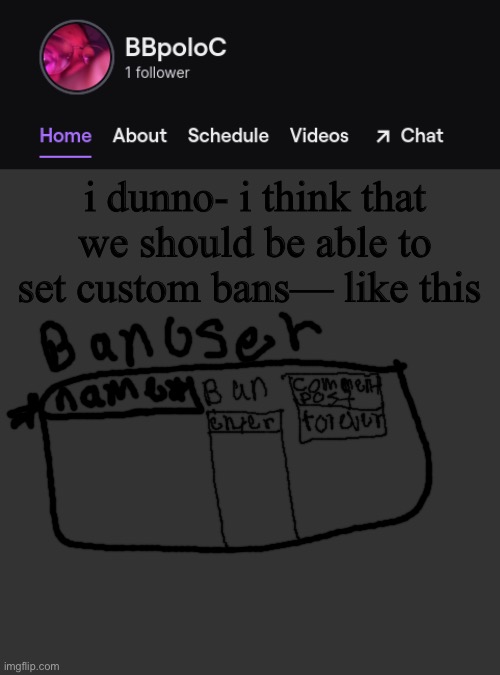 i’m bad at this drawing but idc, anyways we should be able to set how long we want someone banned, if that a thing then i just m | i dunno- i think that we should be able to set custom bans— like this | image tagged in twitch template | made w/ Imgflip meme maker