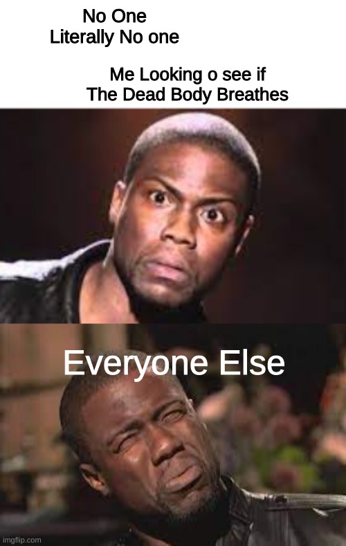Image Title | No One
Literally No one; Me Looking o see if The Dead Body Breathes; Everyone Else | image tagged in funny,kevin hart | made w/ Imgflip meme maker