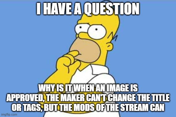 Either the maker get's to change that stuff as well as the mods or nobody does | I HAVE A QUESTION; WHY IS IT WHEN AN IMAGE IS APPROVED, THE MAKER CAN'T CHANGE THE TITLE OR TAGS, BUT THE MODS OF THE STREAM CAN | image tagged in homer thinking | made w/ Imgflip meme maker