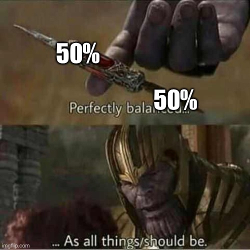 Thanos balanced things | 50% 50% | image tagged in thanos balanced things | made w/ Imgflip meme maker