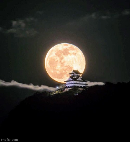 Gifu Castle , Japan | image tagged in full moon,illumination,natural,meanwhile in japan | made w/ Imgflip meme maker
