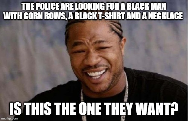 Yo Dawg Heard You Meme | THE POLICE ARE LOOKING FOR A BLACK MAN WITH CORN ROWS, A BLACK T-SHIRT AND A NECKLACE; IS THIS THE ONE THEY WANT? | image tagged in memes,yo dawg heard you,police | made w/ Imgflip meme maker