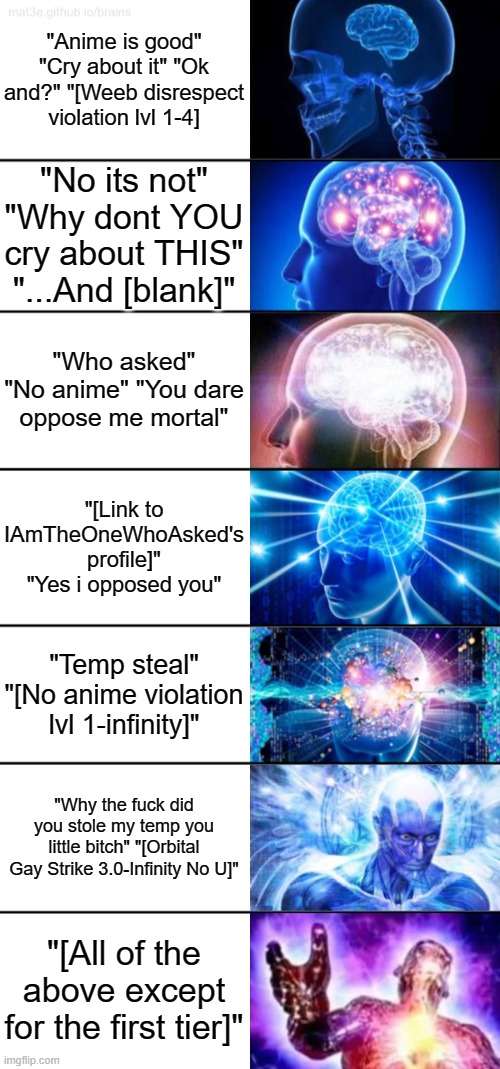 7-Tier Expanding Brain | "Anime is good" "Cry about it" "Ok and?" "[Weeb disrespect violation lvl 1-4]; "No its not" "Why dont YOU cry about THIS" "...And [blank]"; "Who asked" "No anime" "You dare oppose me mortal"; "[Link to IAmTheOneWhoAsked's profile]" "Yes i opposed you"; "Temp steal" "[No anime violation lvl 1-infinity]"; "Why the fuck did you stole my temp you little bitch" "[Orbital Gay Strike 3.0-Infinity No U]"; "[All of the above except for the first tier]" | image tagged in 7-tier expanding brain | made w/ Imgflip meme maker