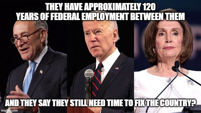 Biden Schumer Pelosi | THEY HAVE APPROXIMATELY 120 YEARS OF FEDERAL EMPLOYMENT BETWEEN THEM; AND THEY SAY THEY STILL NEED TIME TO FIX THE COUNTRY? | image tagged in biden schumer pelosi | made w/ Imgflip meme maker