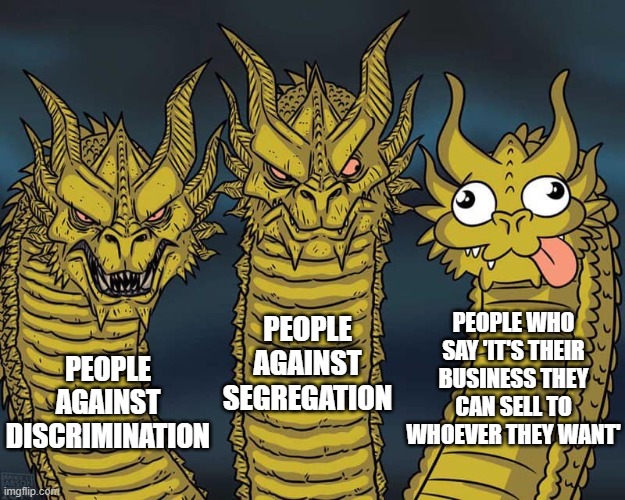 Three dragons | PEOPLE WHO SAY 'IT'S THEIR BUSINESS THEY CAN SELL TO WHOEVER THEY WANT'; PEOPLE AGAINST SEGREGATION; PEOPLE AGAINST DISCRIMINATION | image tagged in three dragons | made w/ Imgflip meme maker