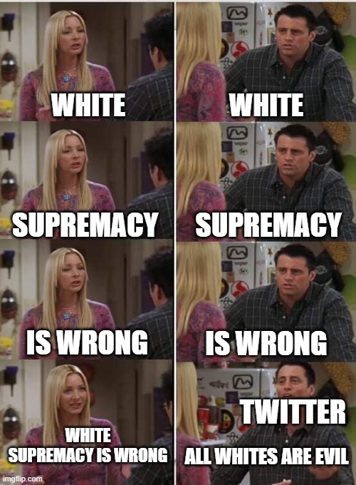 Twitter be like: | WHITE; WHITE; SUPREMACY; SUPREMACY; IS WRONG; IS WRONG; TWITTER; WHITE SUPREMACY IS WRONG; ALL WHITES ARE EVIL | image tagged in phoebe joey | made w/ Imgflip meme maker