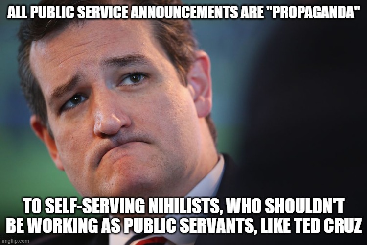 Imagine Being Such A Snowflake You Get Offended By Big Bird | ALL PUBLIC SERVICE ANNOUNCEMENTS ARE "PROPAGANDA"; TO SELF-SERVING NIHILISTS, WHO SHOULDN'T BE WORKING AS PUBLIC SERVANTS, LIKE TED CRUZ | image tagged in sad ted cruz,conservative logic,public service announcement,selfishness,nihilism,big bird | made w/ Imgflip meme maker