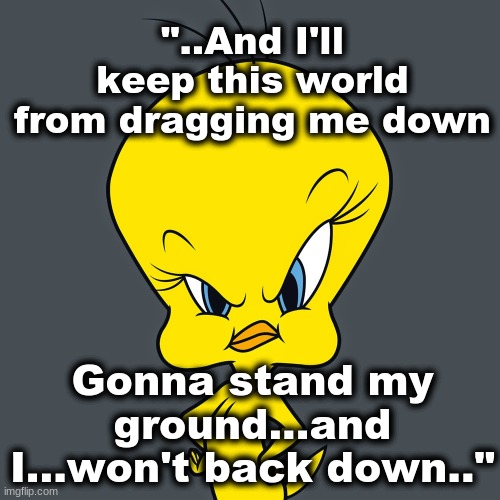 AND I'LL KEEP THIS WORLD FROM DRAGGING ME DOWN... | "..And I'll keep this world from dragging me down; Gonna stand my ground...and I...won't back down.." | image tagged in rock music | made w/ Imgflip meme maker