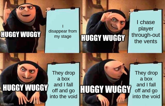 hUggY wUggY | I disappear from my stage; I chase player through-out the vents; HUGGY WUGGY; HUGGY WUGGY; They drop a box and I fall off and go into the void; They drop a box and I fall off and go into the void; HUGGY WUGGY; HUGGY WUGGY | image tagged in memes,gru's plan | made w/ Imgflip meme maker