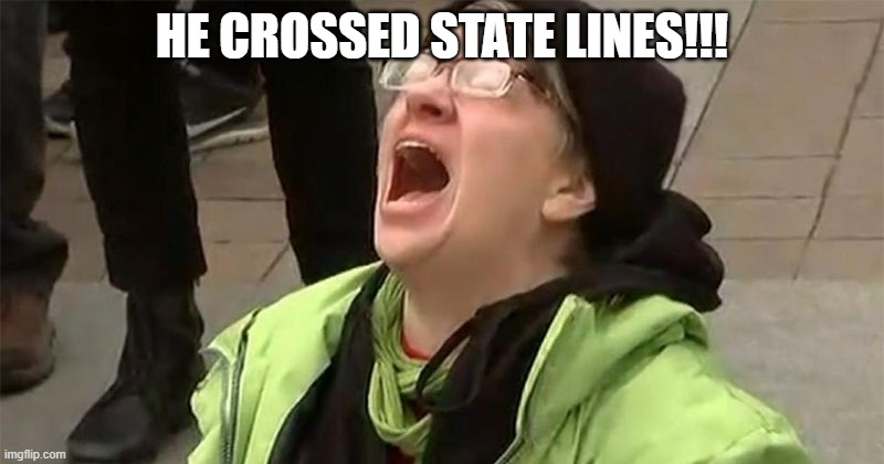crying liberal | HE CROSSED STATE LINES!!! | image tagged in crying liberal,memes | made w/ Imgflip meme maker