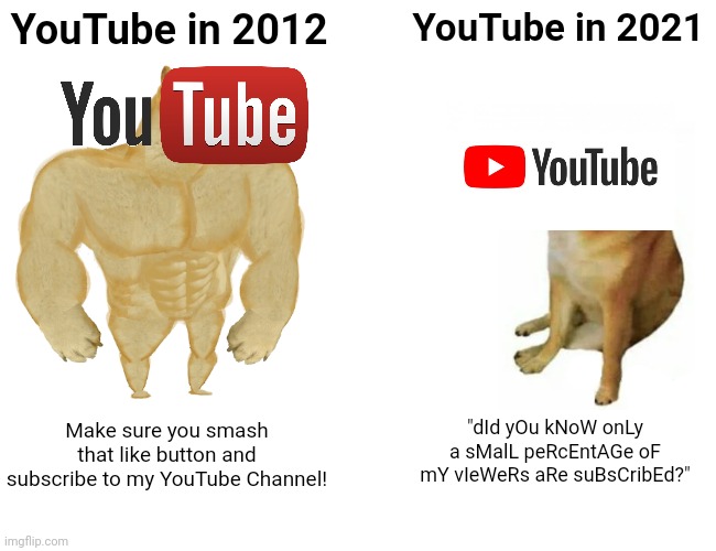 YouTube then and now | YouTube in 2012; YouTube in 2021; "dId yOu kNoW onLy a sMalL peRcEntAGe oF mY vIeWeRs aRe suBsCribEd?"; Make sure you smash that like button and subscribe to my YouTube Channel! | image tagged in memes,buff doge vs cheems,fun,youtube | made w/ Imgflip meme maker