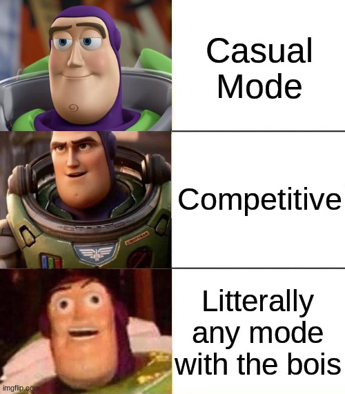 Better, best, blurst lightyear edition |  Casual
Mode; Competitive; Litterally any mode with the bois | image tagged in better best blurst lightyear edition,gaming,the bois | made w/ Imgflip meme maker