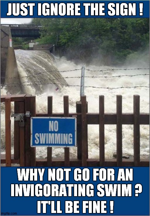 Would You Like To Be A Darwin Award Winner ? | JUST IGNORE THE SIGN ! WHY NOT GO FOR AN 
INVIGORATING SWIM ? IT'LL BE FINE ! | image tagged in darwin award,swimming,drowning,dark humour | made w/ Imgflip meme maker