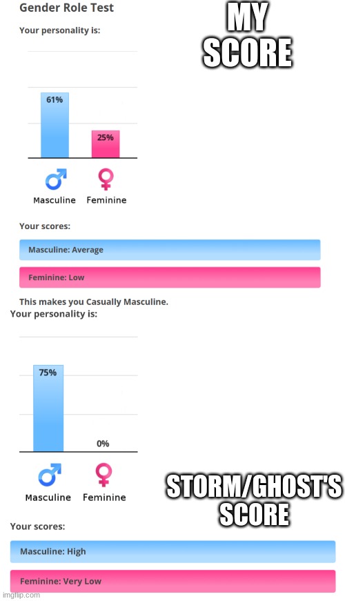 (we're both biologically female) | MY SCORE; STORM/GHOST'S SCORE | made w/ Imgflip meme maker