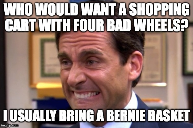 Cringe | WHO WOULD WANT A SHOPPING CART WITH FOUR BAD WHEELS? I USUALLY BRING A BERNIE BASKET | image tagged in cringe | made w/ Imgflip meme maker