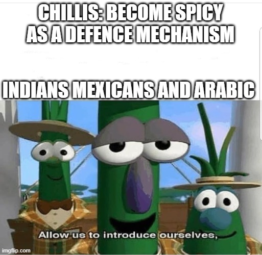 bonjour | CHILLIS: BECOME SPICY AS A DEFENCE MECHANISM; INDIANS MEXICANS AND ARABIC | image tagged in allow us to introduce ourselves | made w/ Imgflip meme maker