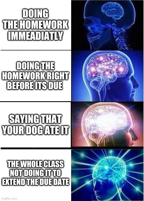 Expanding Brain Meme | DOING THE HOMEWORK IMMEADIATLY; DOING THE HOMEWORK RIGHT BEFORE ITS DUE; SAYING THAT YOUR DOG ATE IT; THE WHOLE CLASS NOT DOING IT TO EXTEND THE DUE DATE | image tagged in memes,expanding brain | made w/ Imgflip meme maker