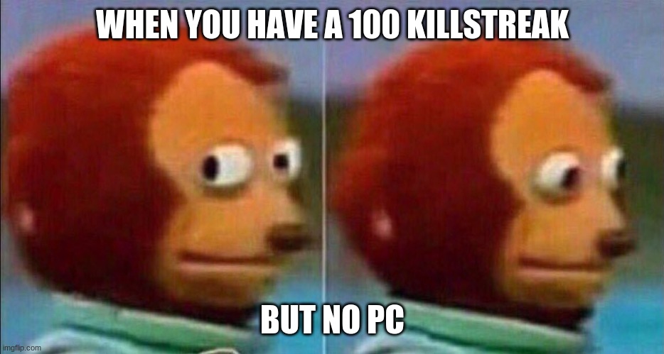 Wait. WHAT? | WHEN YOU HAVE A 100 KILLSTREAK; BUT NO PC | image tagged in monkey looking away | made w/ Imgflip meme maker