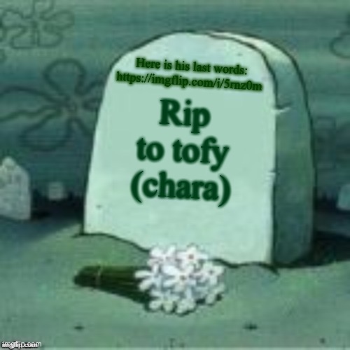 Here Lies X | Here is his last words: https://imgflip.com/i/5rnz0m; Rip to tofy (chara) | image tagged in here lies x | made w/ Imgflip meme maker