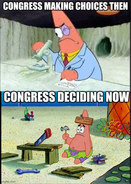 like these are the most random and weirdest requests, AAA removal, NSFW x5 law, | CONGRESS MAKING CHOICES THEN; CONGRESS DECIDING NOW | image tagged in patrick smart dumb | made w/ Imgflip meme maker