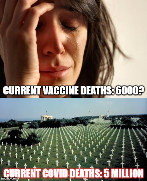 covid, deaths,vaccine,virus,corona,covid-19,vaccination,vax | CURRENT VACCINE DEATHS: 6000? CURRENT COVID DEATHS: 5 MILLION | image tagged in memes,first world problems,american graveyards in normandy | made w/ Imgflip meme maker